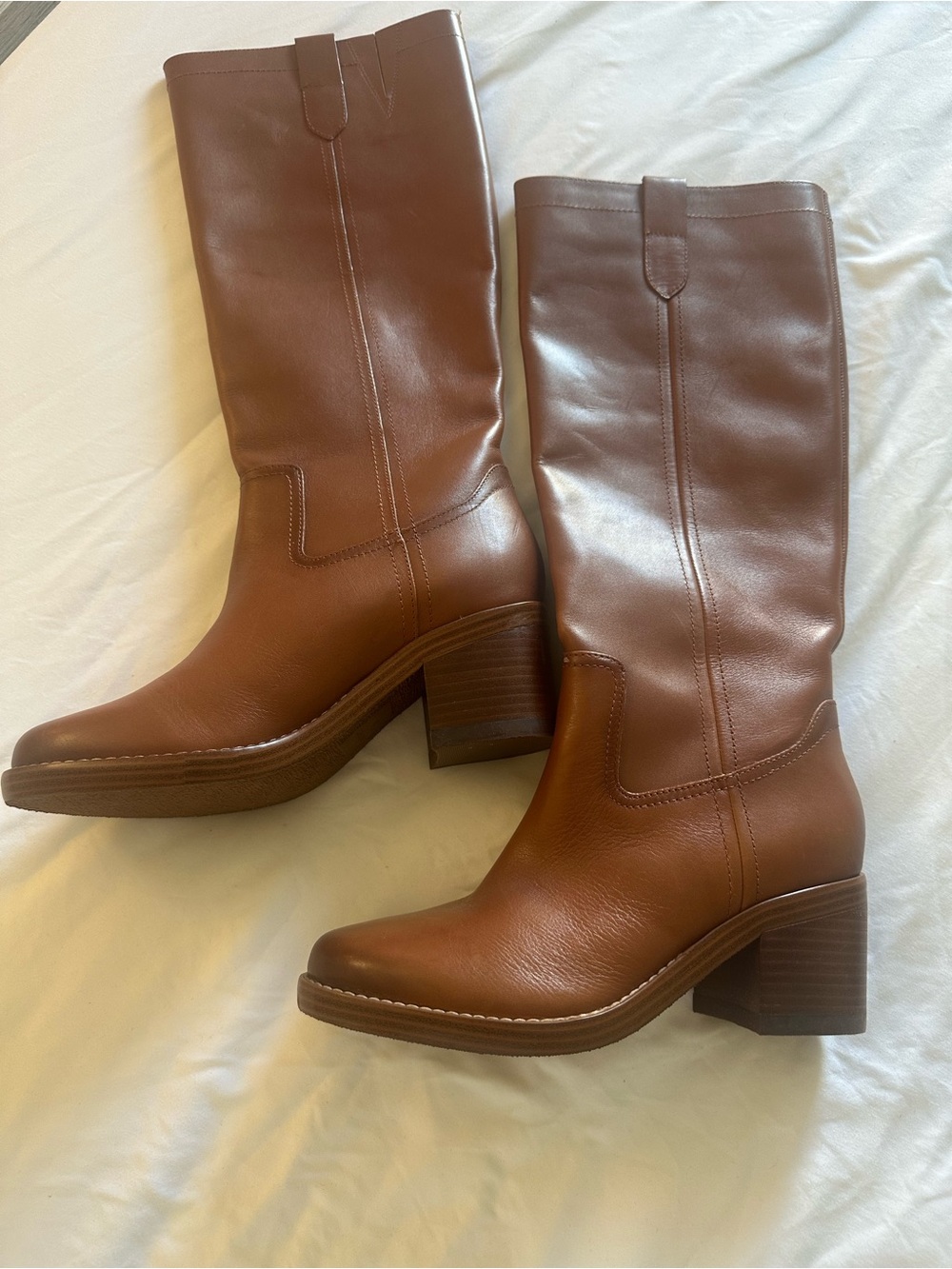 NWOB Nine West Hecee Tall Leather Block Heel Chestnut Brown size 7M